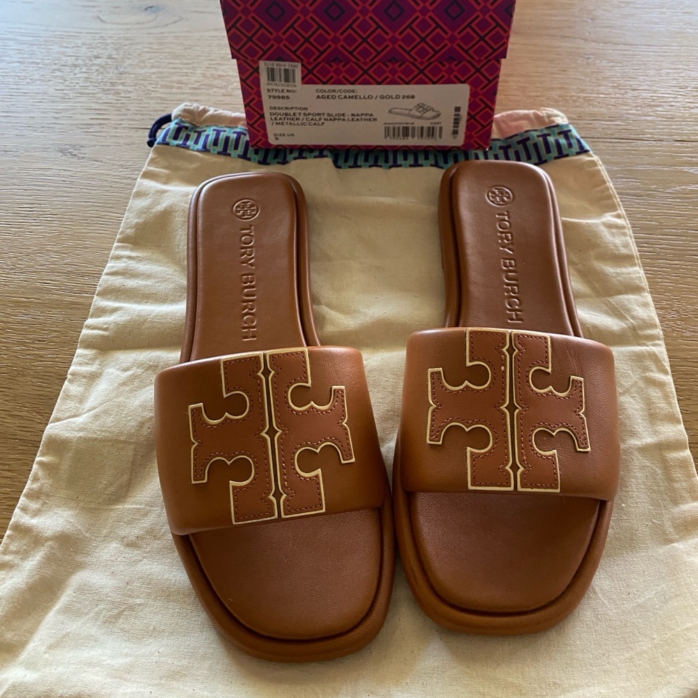 Tory Burch Double T Leather Sport Slide Sandal